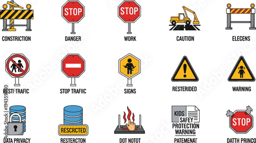 Flat vector illustration of caution, danger, and construction signs, featuring stop traffic, restricted areas, and safety warning symbols.
