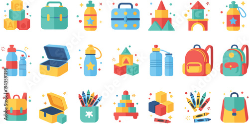 Flat vector illustration of colorful children’s backpacks, toys, water bottles, and school supplies, perfect for kids’ educational essentials.