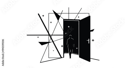 Silhouette of a person stepping through an open doorway into a dark, abstract space with geometric lines.