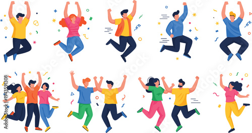 Flat vector illustration of people celebrating success, jumping in joy, and expressing happiness with colorful confetti and playful poses.