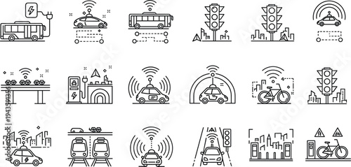 Flat vector illustration of smart transportation, featuring electric cars, buses, bicycles, and traffic control systems for sustainable urban mobility.