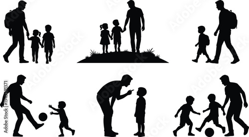 father and children silhouettes playing and walking together, dad parenting moments, family lifestyle activity vector illustration set isolated