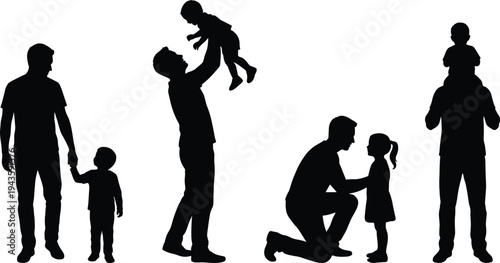 father and child silhouette set, dad playing with kids poses, parenting family love moments, fatherhood vector illustration