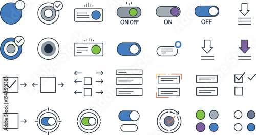 Flat vector illustration of toggle switches, icons, checkboxes, and user interface elements for interaction, settings, and data management.