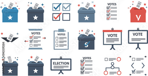 Flat vector illustration of voting boxes, election ballots, and vote checklists, representing election, voting process, and democratic participation.