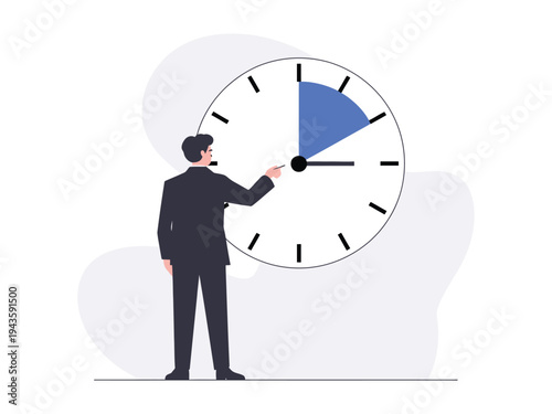 A businessman in a suit pointing at a large clock with a blue section, symbolizing time management and productivity.
