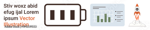 Energy efficiency, data analytics, innovation, business growth, startup potential, progress. Battery icon, analytics chart rocket. Energy efficiency and data analytics for progress and innovation