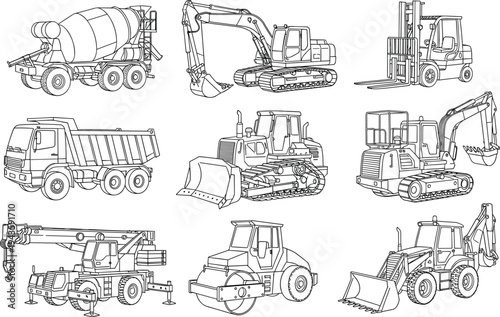 Construction heavy machinery vector set including excavator, bulldozer, forklift, dump truck, crane, road roller and concrete mixer, industrial equipment outline illustrations collection