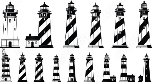 Lighthouse silhouette collection with striped coastal beacon towers, maritime navigation structures and seaside buildings, vintage nautical vector set isolated for marine design and illustration