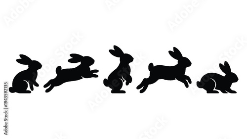 Five black rabbit silhouettes jumping and playing in a row