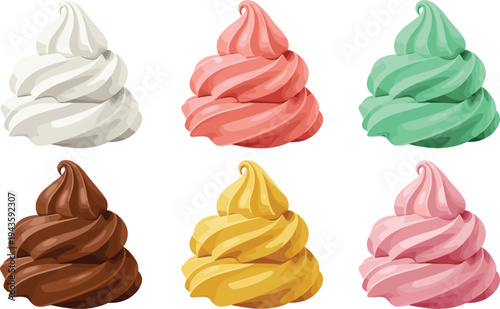 Cartoon-style illustration of six colorful ice cream swirls in different flavors, symbolizing dessert, sweetness, food, variety, culinary creativity, and artistic artwork projects