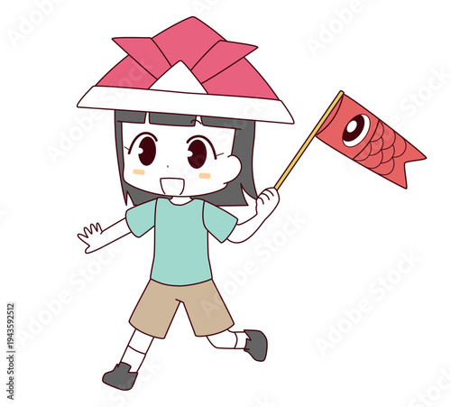 鯉のぼりを持って走る子どもの日の女の子のイラスト