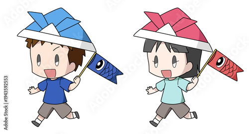 鯉のぼりを持って走る子どもの日の二頭身の男女の子どものイラスト