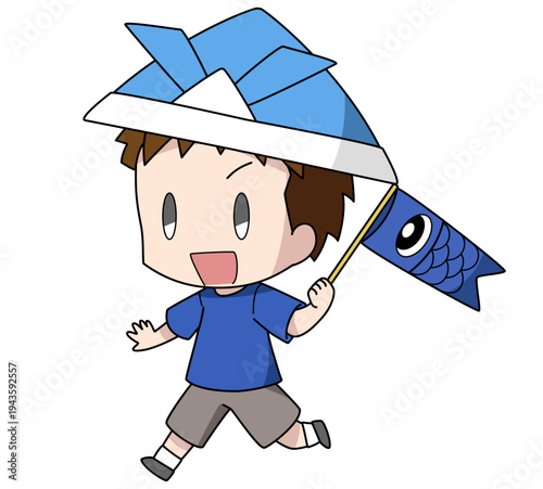 鯉のぼりを持って走る子どもの日の二頭身の男の子のイラスト