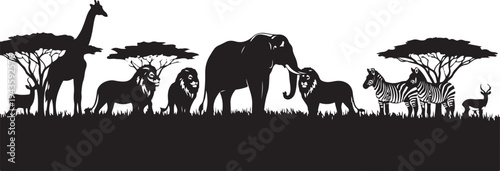 African Safari Silhouette Animals with Acacia Trees and Grass.