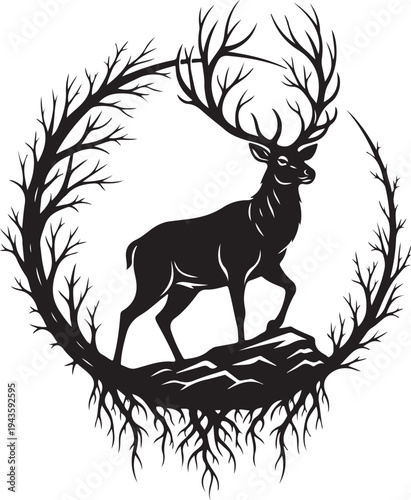 Majestic Stag Silhouette within a Circular Frame of Bare Branches. 