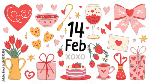 Valentine's Day celebration with cake, flowers, and gifts on a table