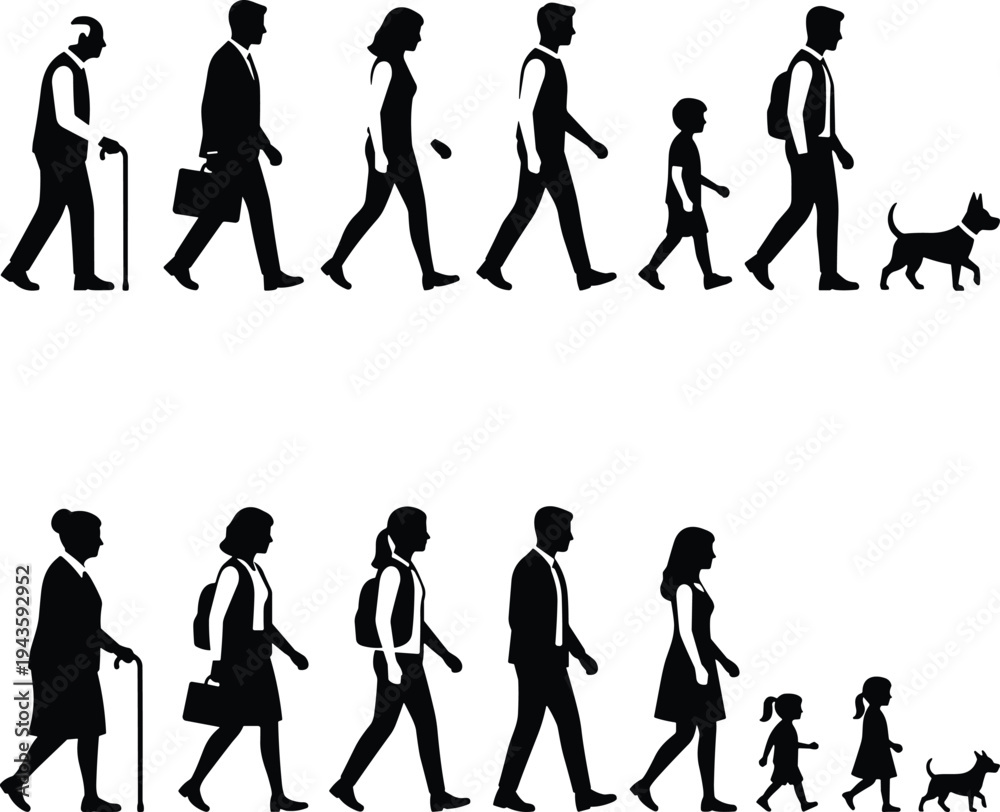 Fototapeta premium Set of people silhouettes walking in profile representing different age groups and lifestyles for human development and community concepts