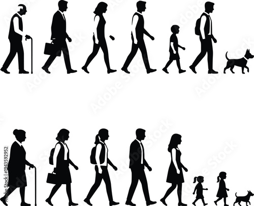 Set of people silhouettes walking in profile representing different age groups and lifestyles for human development and community concepts