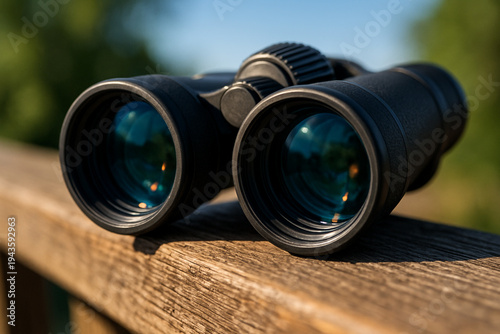 Binoculars Close-up on Wooden Railing for Nature Watching and Exploration