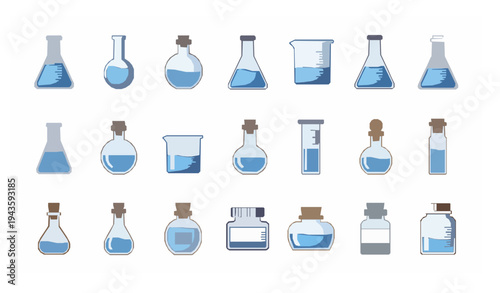 Science chemical pots and flasks color outline vector icon collection