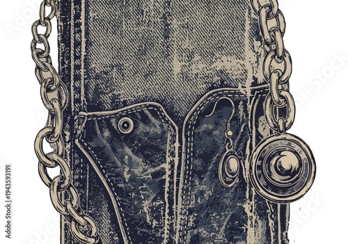 Vintage denim jeans pocket with gold chain and button closeup