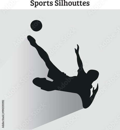 A dynamic silhouette of a soccer player mid-air performing a bicycle kick to strike a ball. The pose captures extreme athleticism and gravity-defying movement