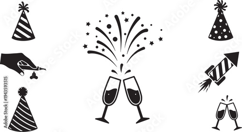 New Year's Eve Celebration Icons and Party Symbols Illustration