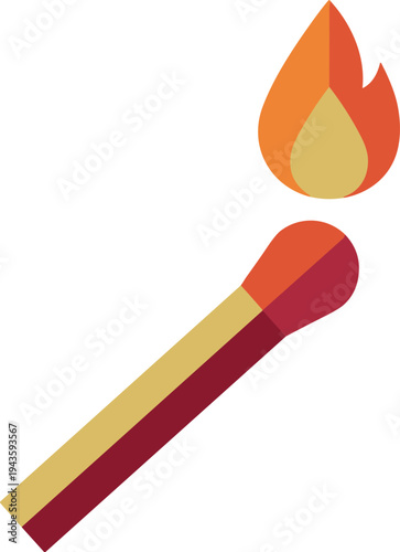 Burning matchstick with flame vector icon, fire ignition match illustration, lit match symbol isolated flat design graphic element