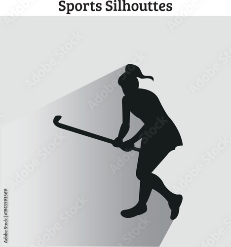 A silhouette of a female field hockey player in a skirt, leaning forward with a hockey stick while controlling the ball in a low-dribble stance