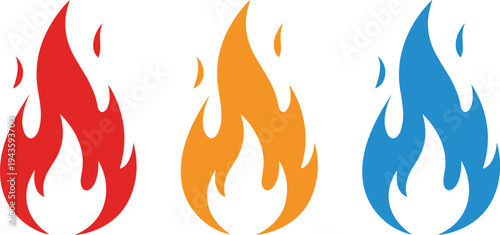 Fire flame icon set in red orange blue colors, burning heat symbol vector illustration isolated minimal design