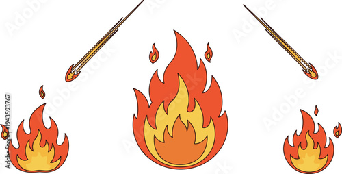 Fire flames and falling meteor fireballs vector set, burning explosion elements illustration for disaster, heat energy symbol icons