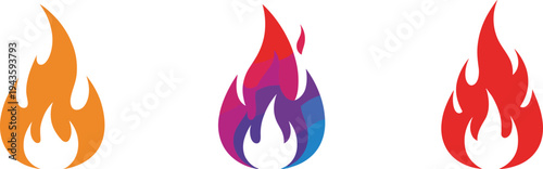 Fire flame icon collection in red orange gradient colors, burning heat energy symbol vector illustration isolated design set