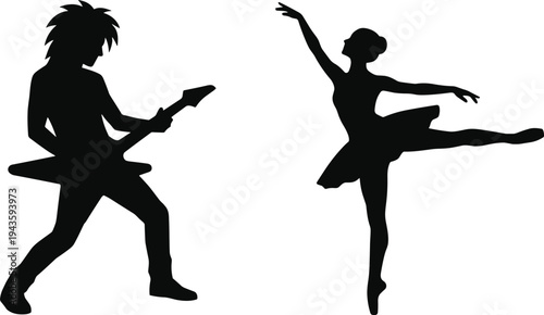 Guitarist and ballerina silhouette vector set, musician rock star and ballet dancer isolated black silhouette illustration for performance art