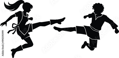 Martial arts fighters silhouette vector illustration, karate and taekwondo kick action pose isolated black combat sport character design