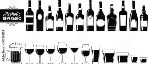 Alcoholic Beverages Collection Wine Bottles Beer Glasses Cocktail Drink Icons Vector Illustration