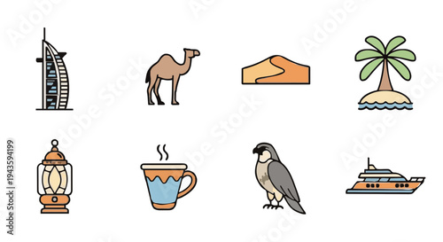 Collection of Middle Eastern landmarks, desert icons, and cultural symbols for travel and tourism