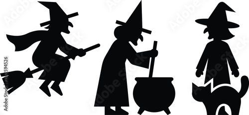 Halloween witch silhouettes set flying stirring cauldron with black cat, spooky magic characters vector illustration collection