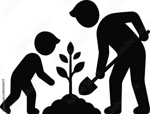 Tree planting silhouette, father and child gardening together, planting young plant, environmental care concept, black vector illustration icon