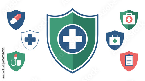 Healthcare Shield Illustration with Medical Cross, Pill, First Aid Kit, Clipboard and Medicine Bottle Icons Representing Health Protection, Medical Services and Patient Safety