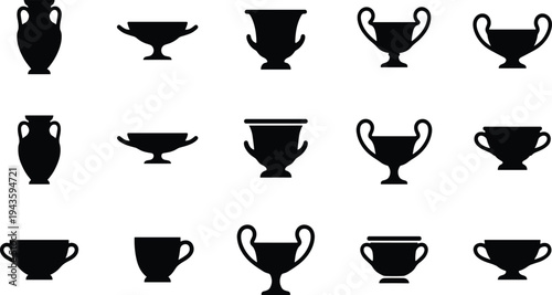 Trophy cup silhouettes collection, award trophy icons set, championship prize cups, black vector illustration isolated design elements