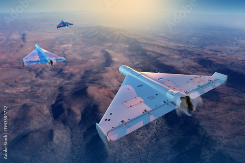 Bild auf Leinwand Military aviation, Shahed loitering munition drones flying in formation above de