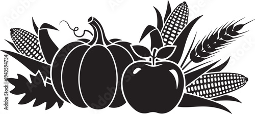 Black and white illustration of autumn harvest vegetables arrangement