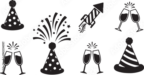 Party Celebration Icons with Hats and Champagne Glasses