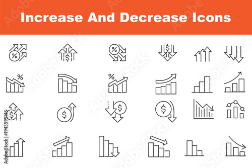 Increase and Decrease icon set. Business growth and fall graph symbol. Outline icon with Editable stroke. Vector illustration