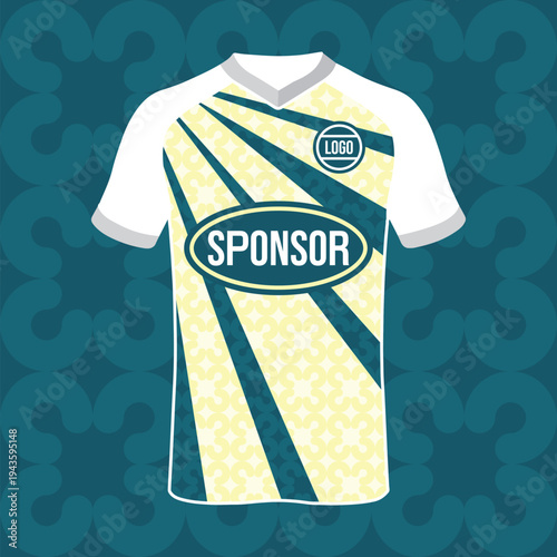 Modern sports jersey design template with bold colors and geometric patterns.