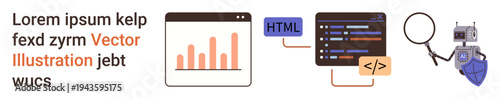 Web development, programming, artificial intelligence, data analysis, code learning, tech visualization. Coding interfaces, a chart magnifier and a robot. Web development and programming concept