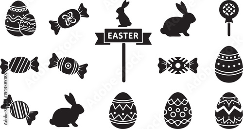 Easter icons and silhouettes on white background illustration set