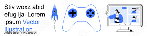 Gaming, online education, space exploration, streaming, digital interaction, technology concepts. Blue gaming controller, rocket and screen with video chat graphics. Gaming and online education