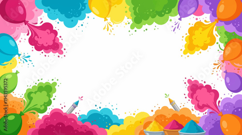 Vibrant Holi festival celebration background with colorful powder splashes and rainbow hues, abstract design for party and event layouts.